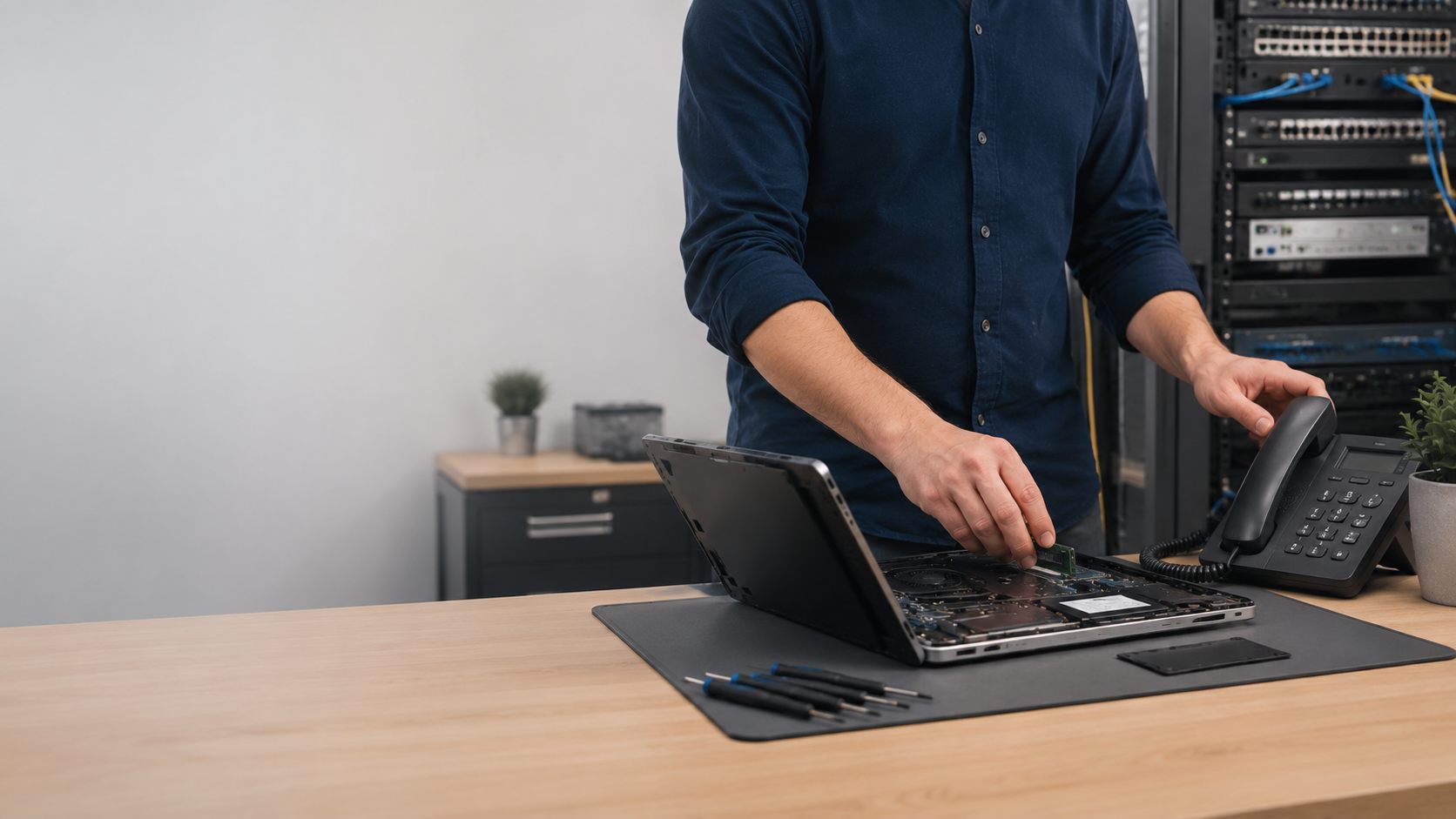 Techniker bei der Fehlersuche an einem Notebook, im Hintergrund Netzwerktechnik