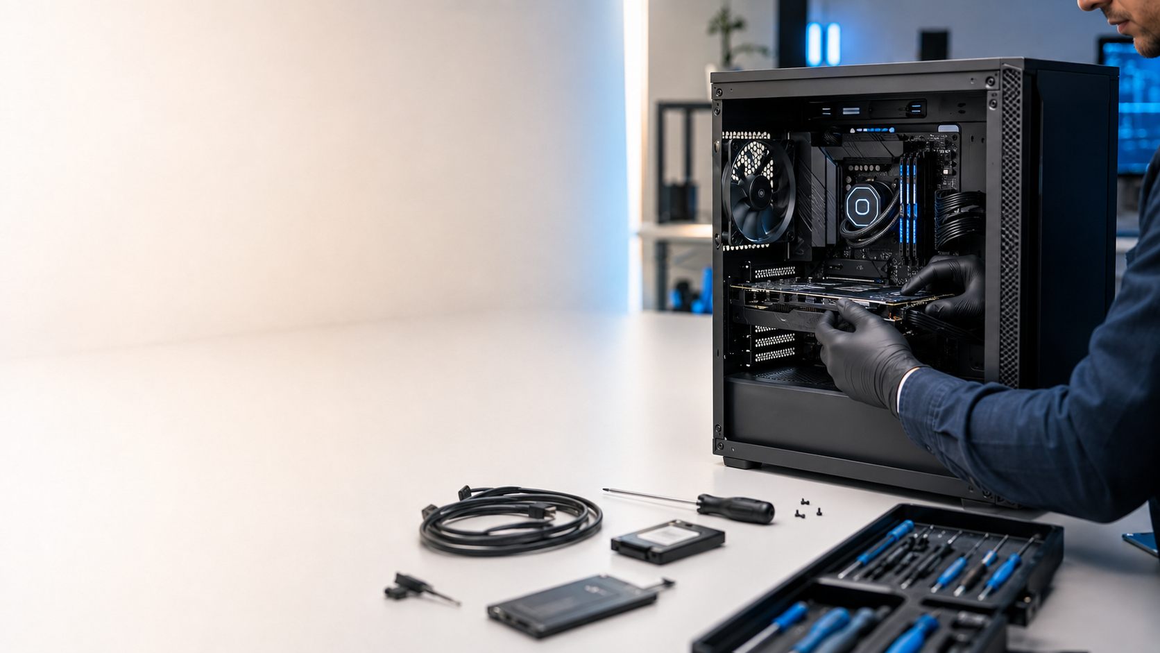 Techniker beim Einbau einer Grafikkarte in der Momtech-Werkstatt